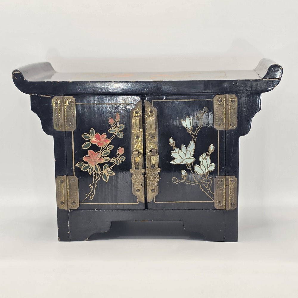 Vintage Chinese Jewelry Box Black Lacquer Floral Brass Hinged Cabinet